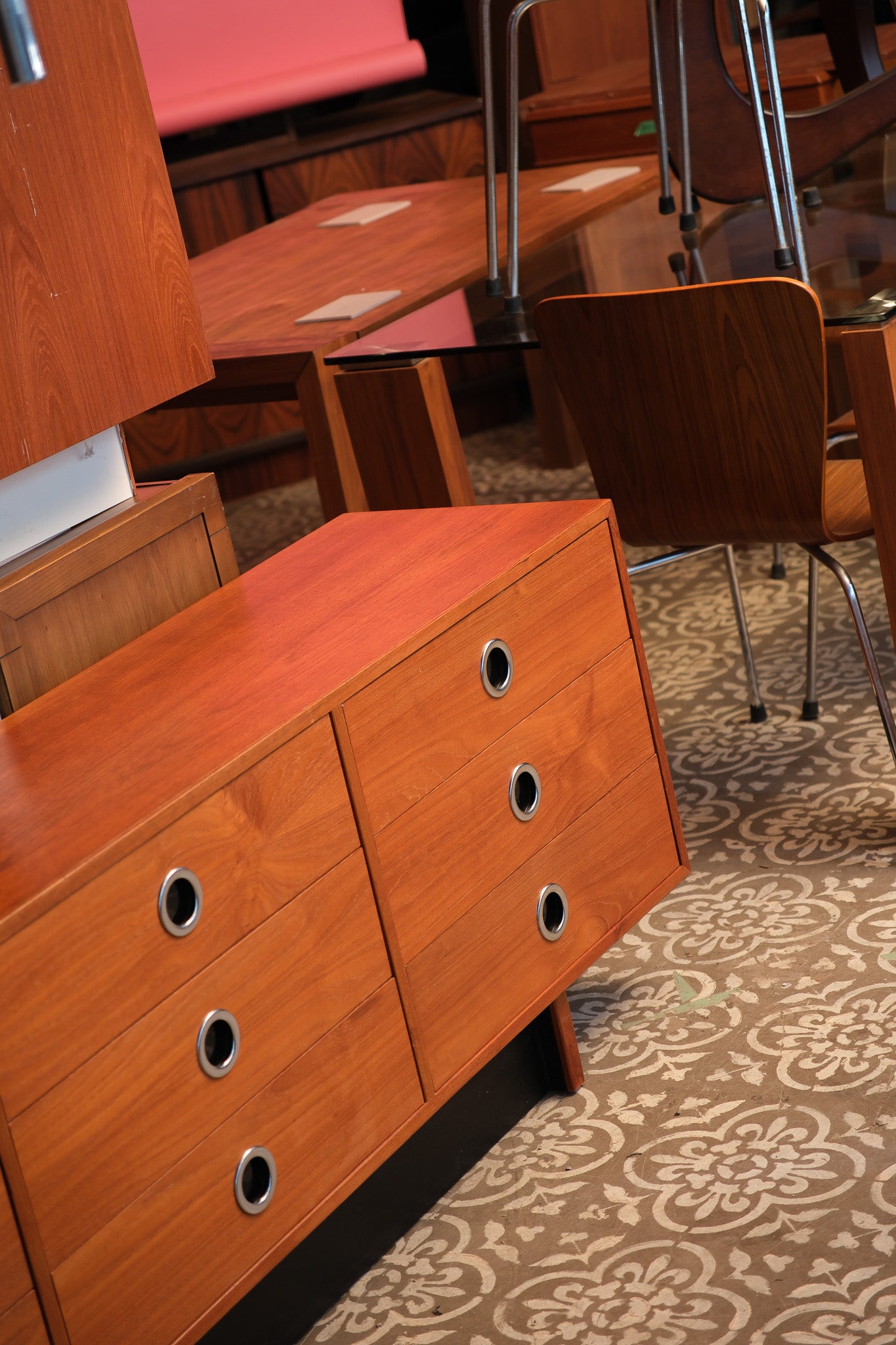 MCM Teak Black Chrome Wide Dresser
