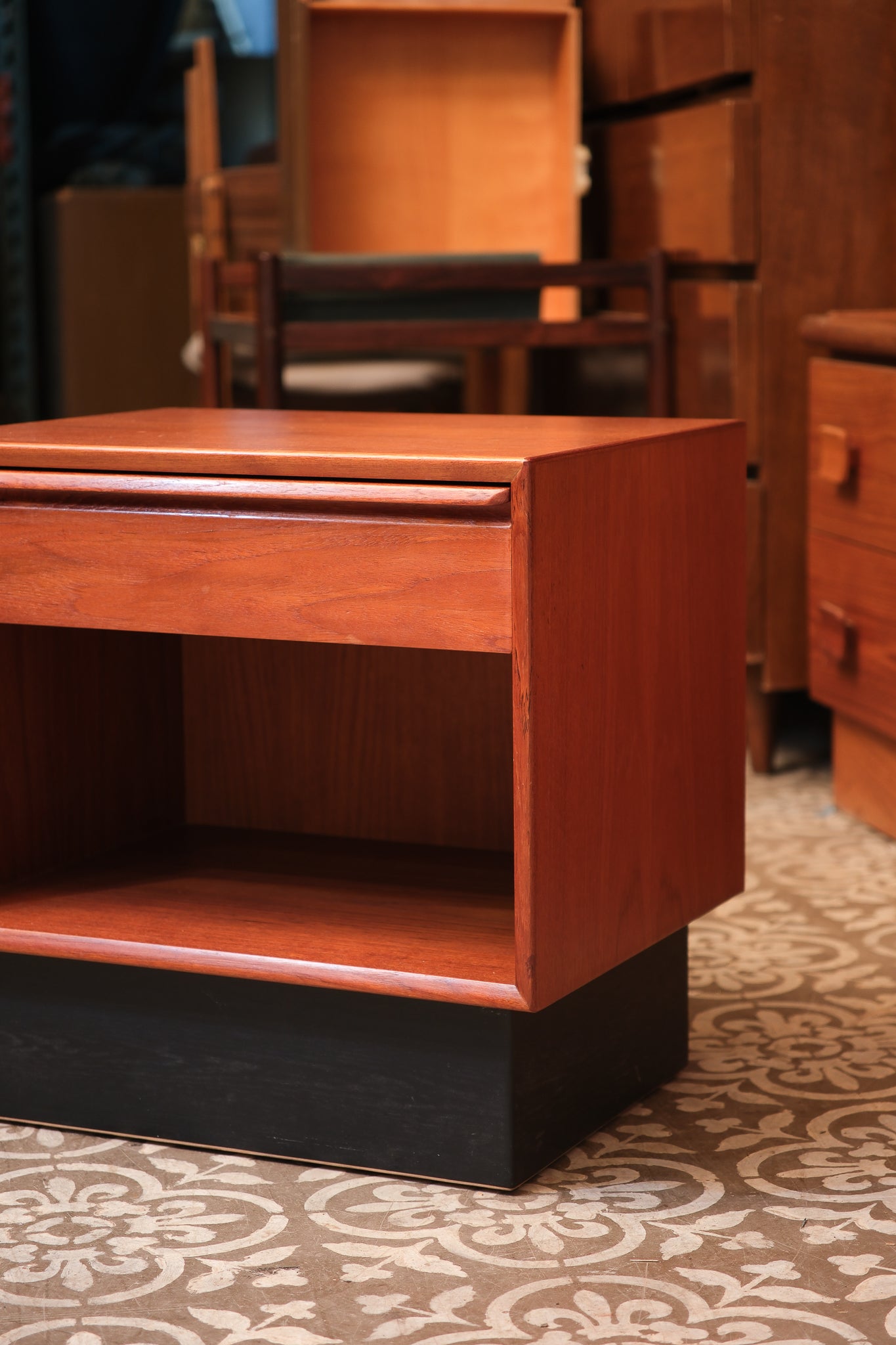 MCM Solid Teak Nightstand Black Base