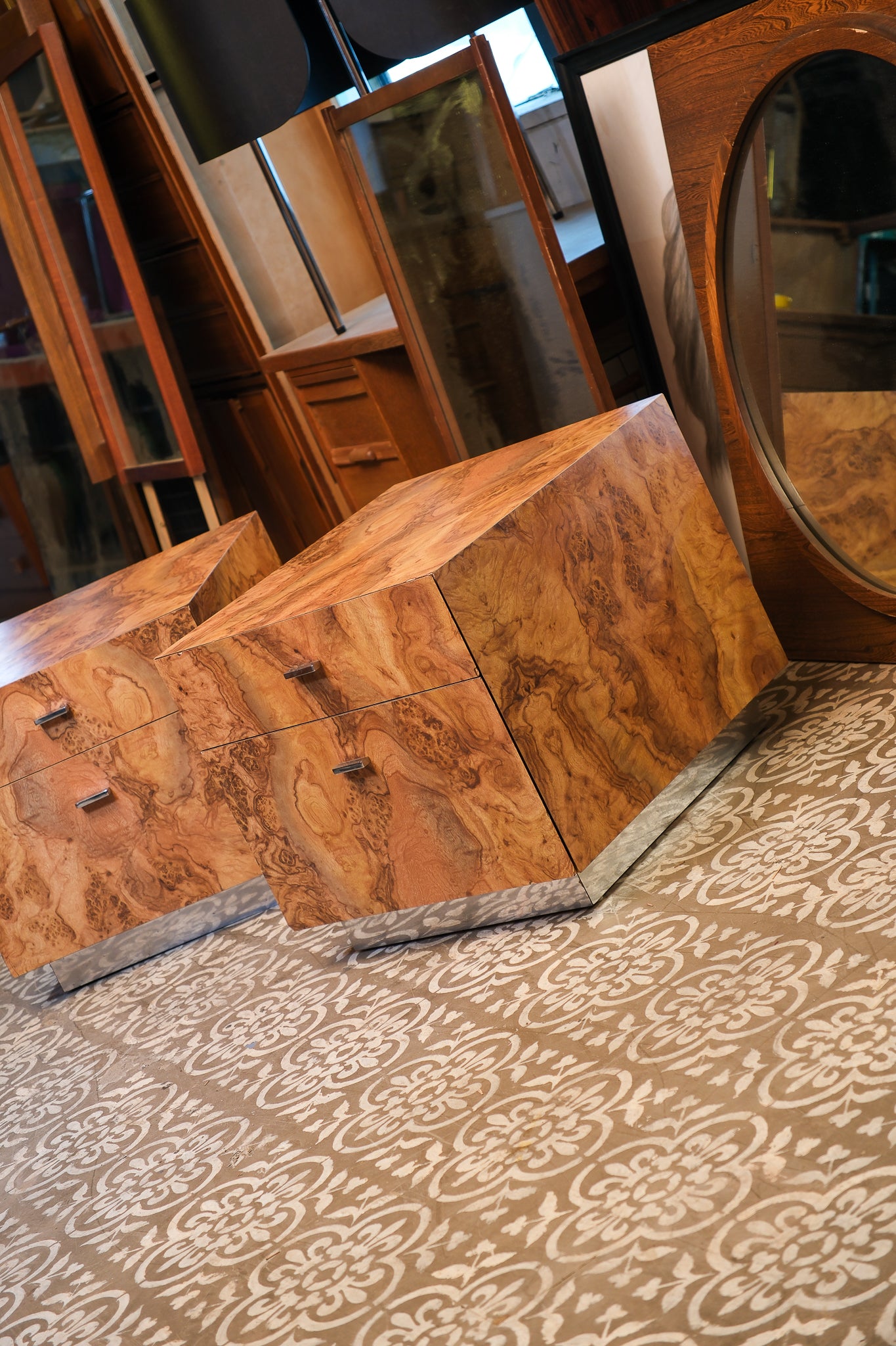 MCM Burl Wood Nightstand Set