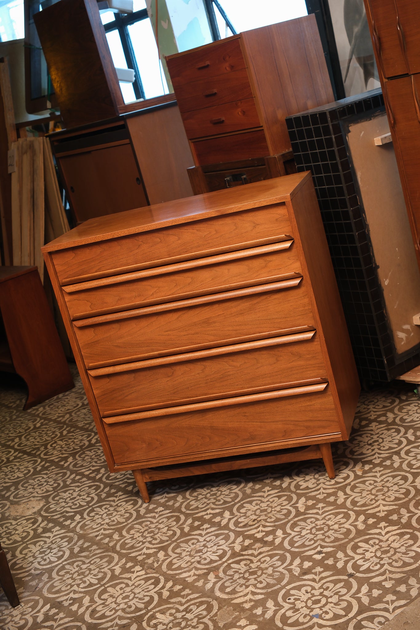 MCM Walnut Tallboy Dresser By Gibbard